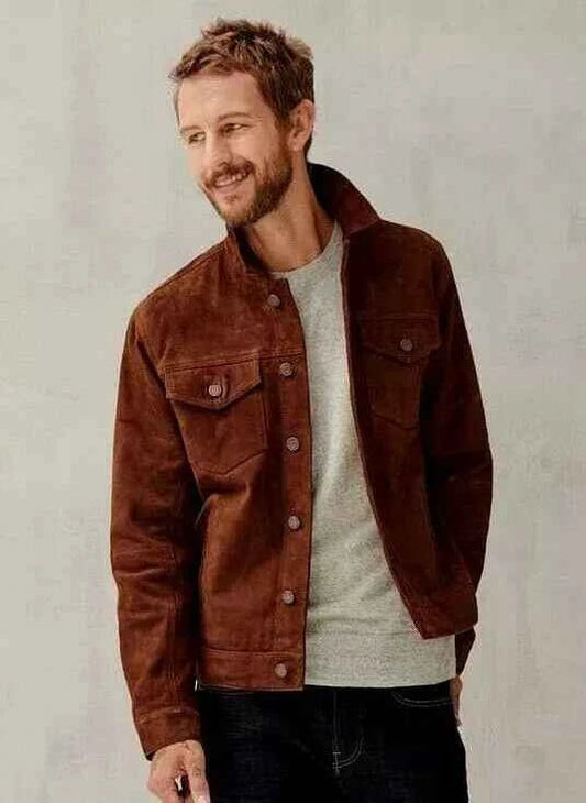 Men's Brown Suede Leather Trucker Jacket Classic Western Style
