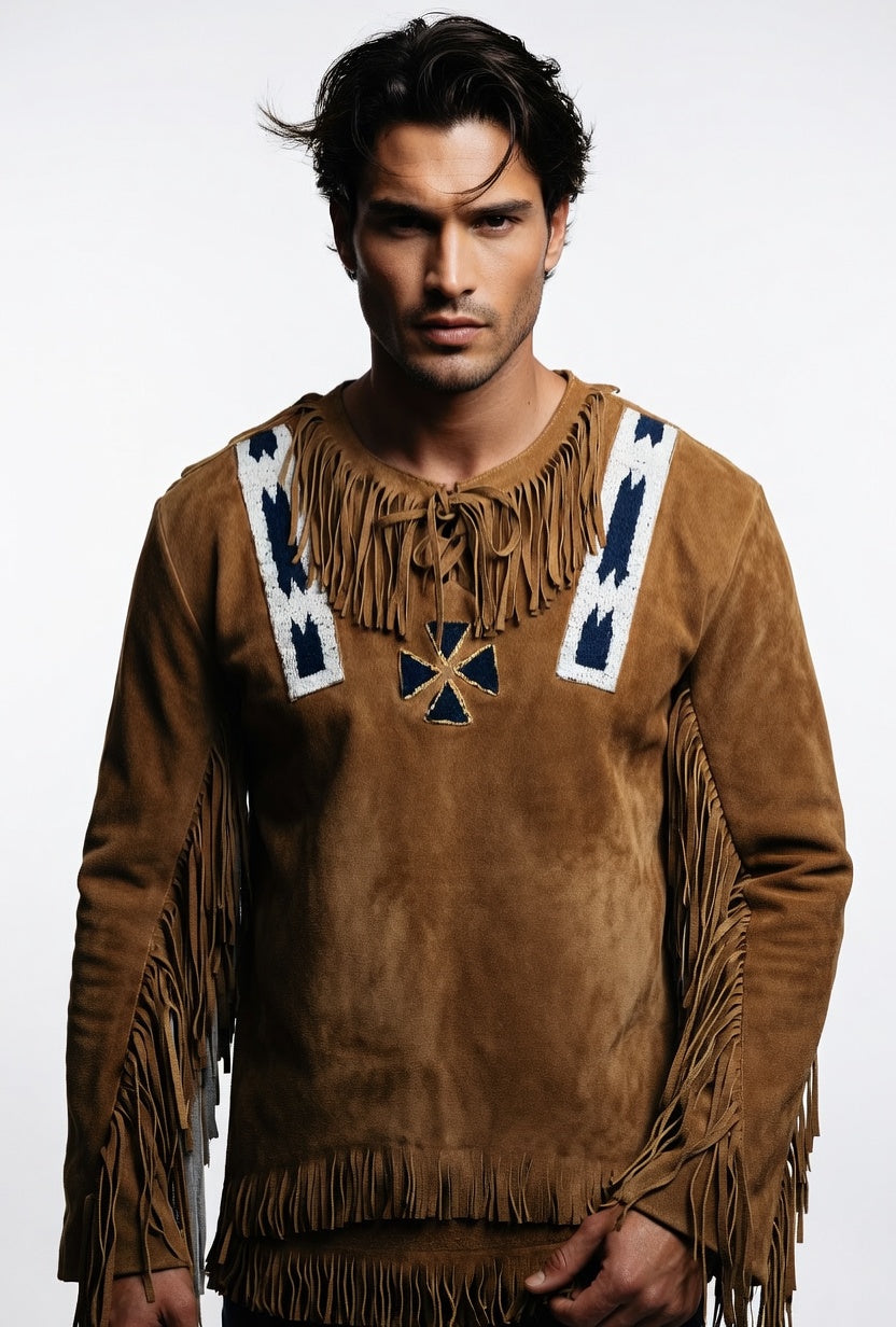 Ameri VINTAGE - ameri 新品タグ付MEDI SHOULDER FRINGE KNIT TOP Men's Tan Suede Native American Fringe Shirt Blue & White Beaded