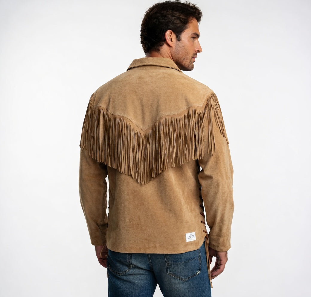 Men’s Camel Suede Fringe Western Shirt – Lace-Up Leather Pullover