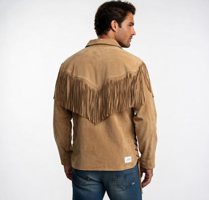 Men’s Camel Suede Fringe Western Shirt – Lace-Up Leather Pullover