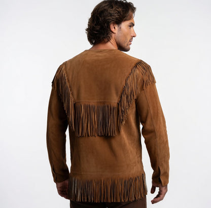 Men's Cognac Brown Suede V-Fringe Western Shirt Lace-Up Leather Pullover with Back Fringe