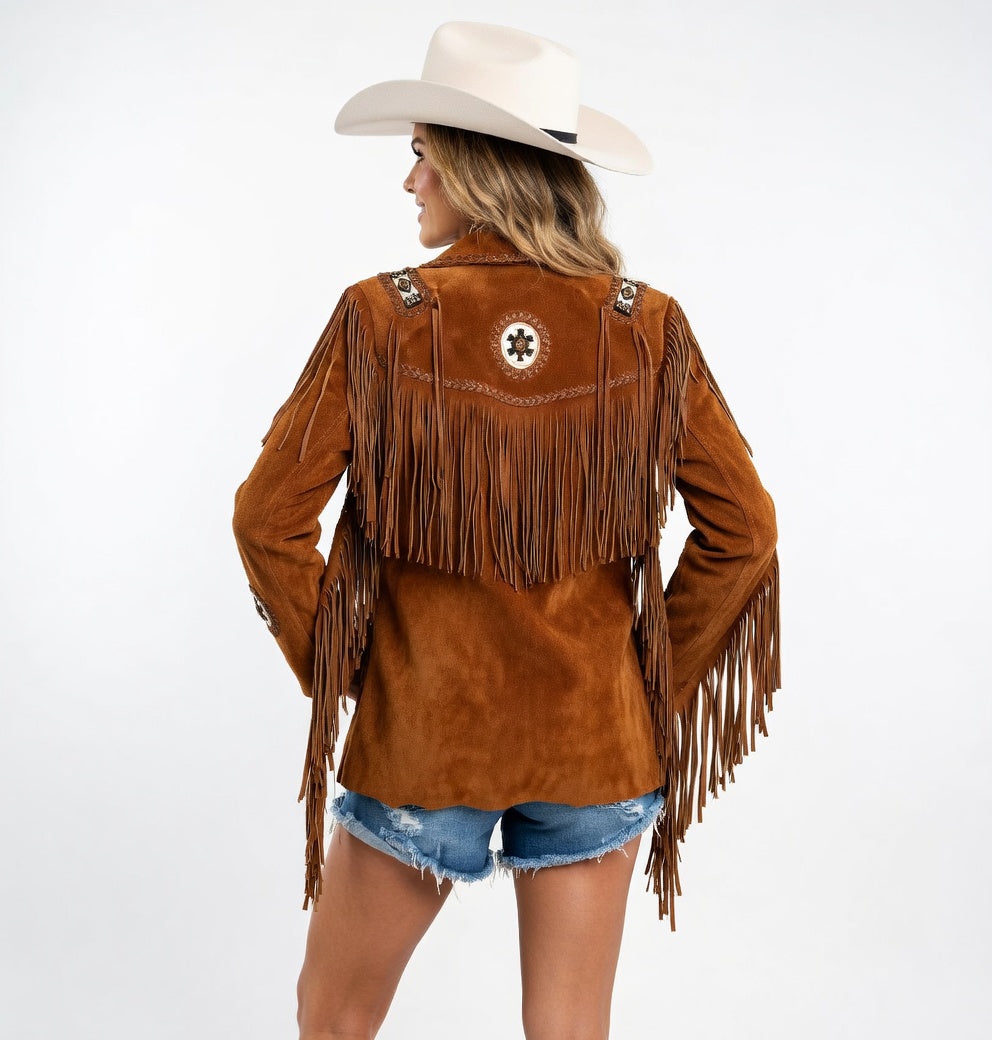 Women's Rust Brown Suede Concho Fringe Western Jacket