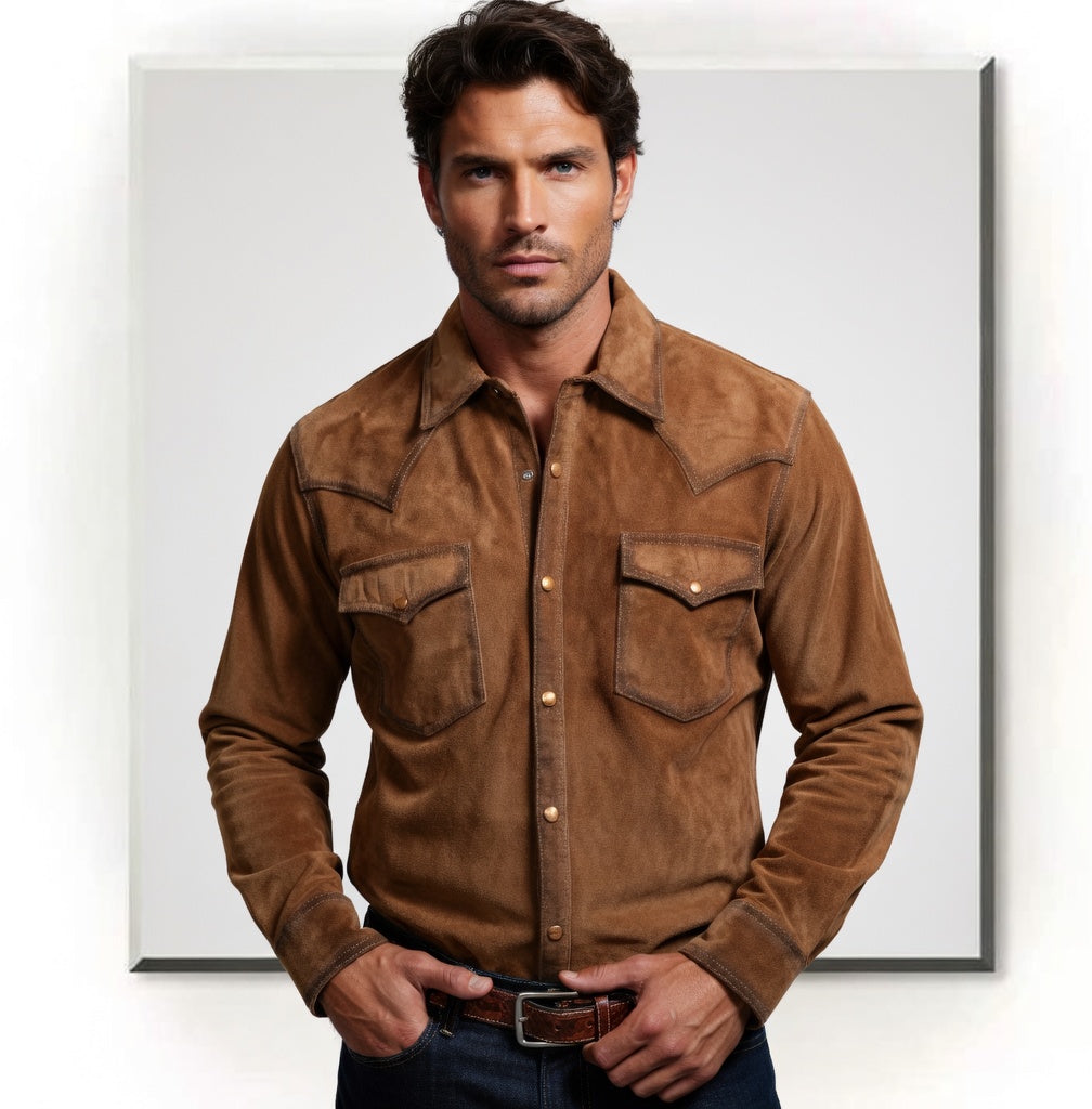 Men's Tan Suede Western Cowboy Shirt Snap Button Leather Shirt