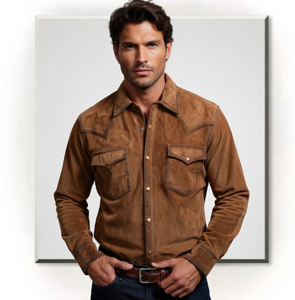 Men's Tan Suede Western Cowboy Shirt Snap Button Leather Shirt