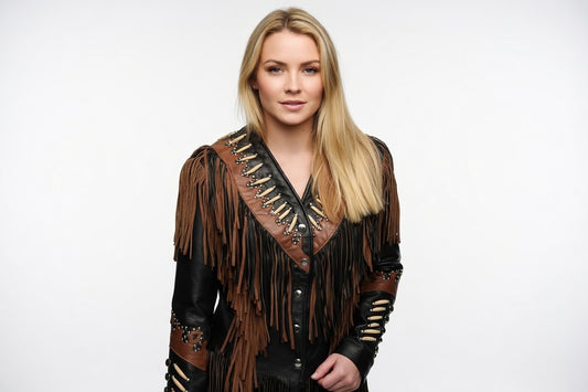 Women's Black & Brown Two-Tone Leather Bone Fringe Western Jacket