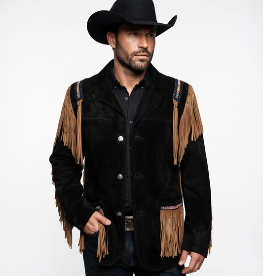 Men's Fringe Suede Leather Cowboy Jacket- ZLC-WJM-1046