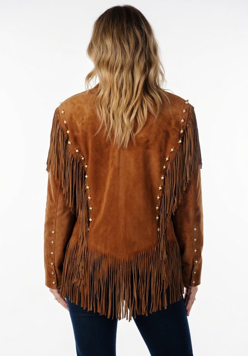 Women's Brown Suede Bone & Bead Fringe Western Jacket