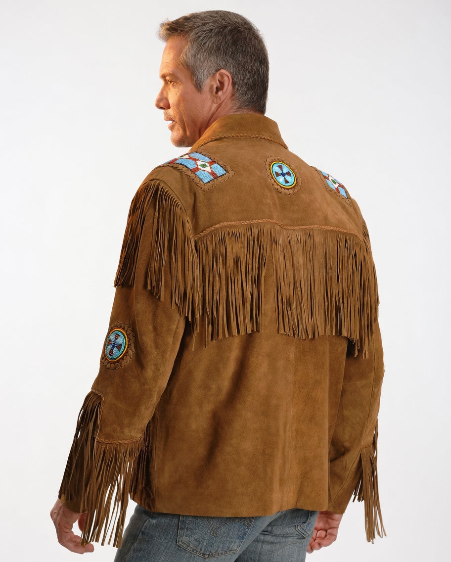 Eagle Bead Fringed Suede Leather Jacket - ZHIM LEATHER CREATIONS
