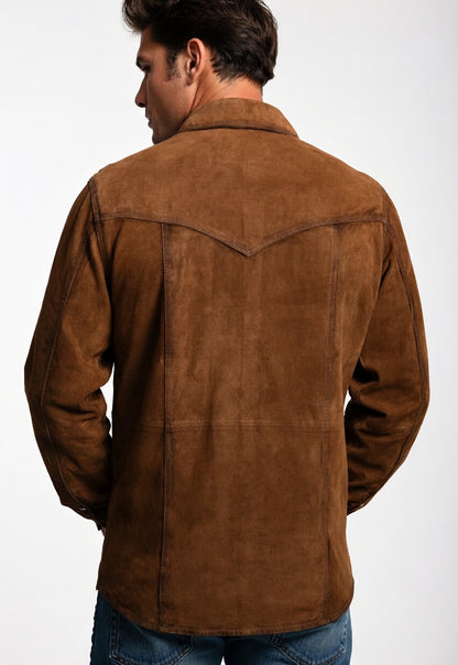Men's Tan Suede Western Cowboy Shirt Snap Button Leather Shirt