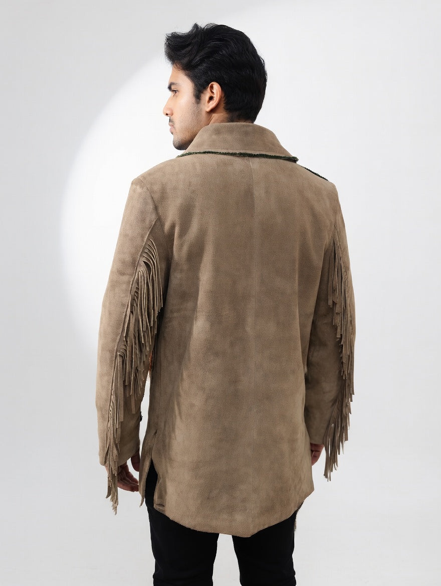 Men's Beige Suede Longline Fringe Western Coat Military Silver Button Leather Jacket