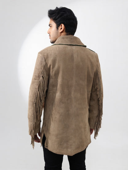 Men's Beige Suede Longline Fringe Western Coat Military Silver Button Leather Jacket