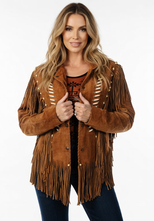 Women's Brown Suede Bone & Bead Fringe Western Jacket