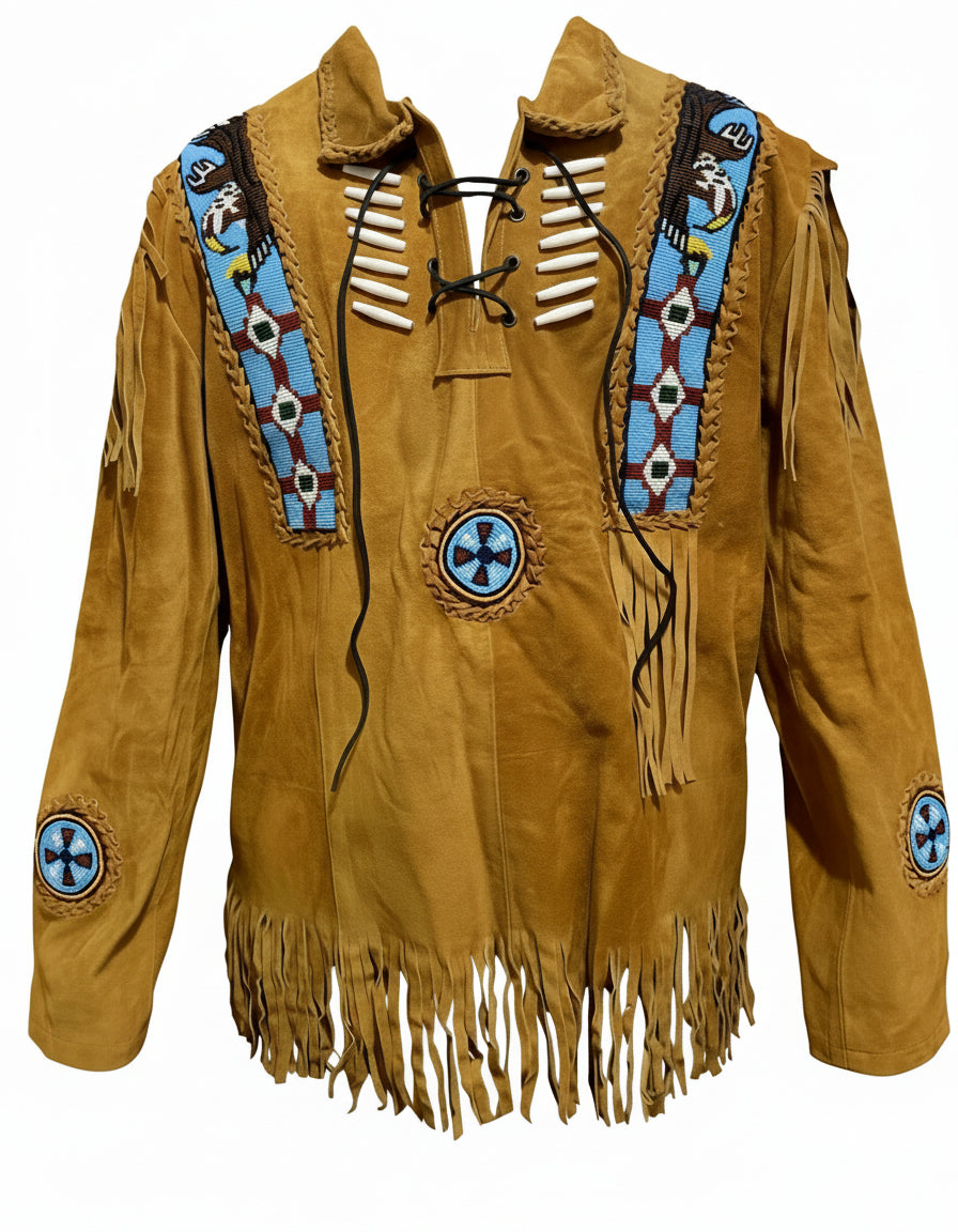Men's Leather Buckskin Shirt War Shirt Buckskin fringed suede Leather Native American Mountain Man-ZLC-WLS-2031