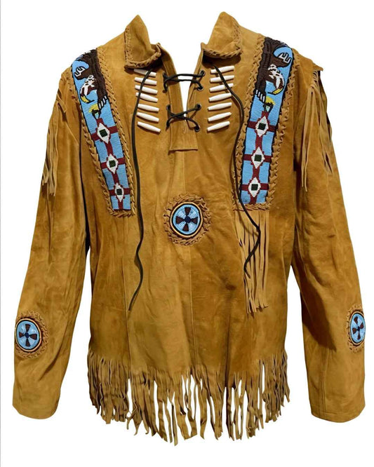 Men's Leather Buckskin Shirt War Shirt Buckskin fringed suede Leather Native American Mountain Man-ZLC-WLS-2031