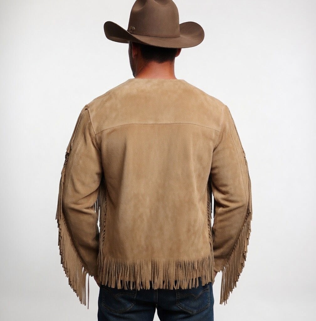 Men's Sand Beige Suede Full Fringe Western Shirt Lace-Up Leather Pullover Top