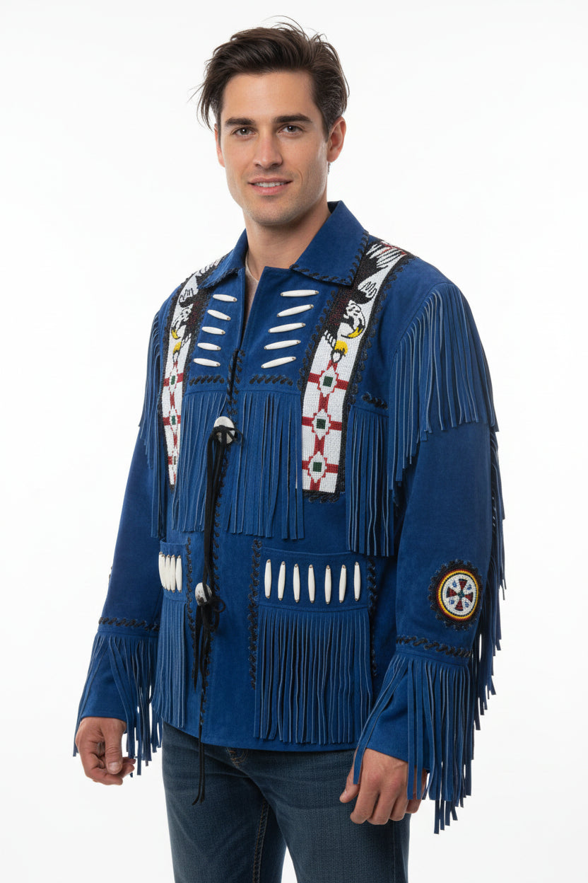 Blue fringed jacket with intricate patterns on a white background