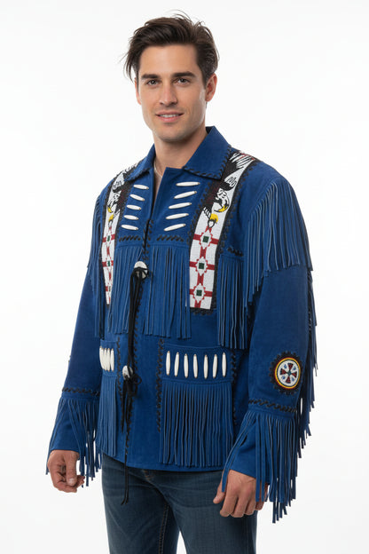 Blue fringed jacket with intricate patterns on a white background