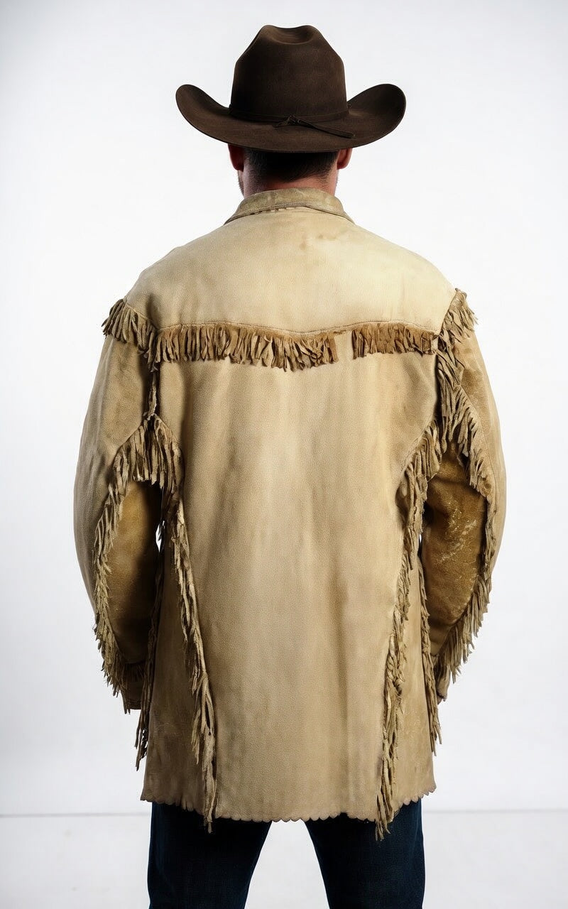 Men's Cream Buckskin Suede Fringe Jacket Vintage Western Cowboy Leather Coat
