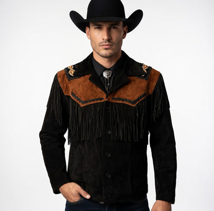 Man wearing a black cowboy hat and a black and brown fringed jacket on a white background