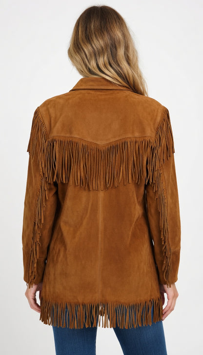 Women's Cognac Suede Multi-Layer Fringe Western Jacket
