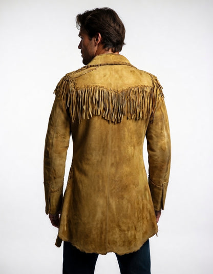 Men's Distressed Mustard Suede Military Fringe Coat Vintage Western Leather Jacket with Red Lining