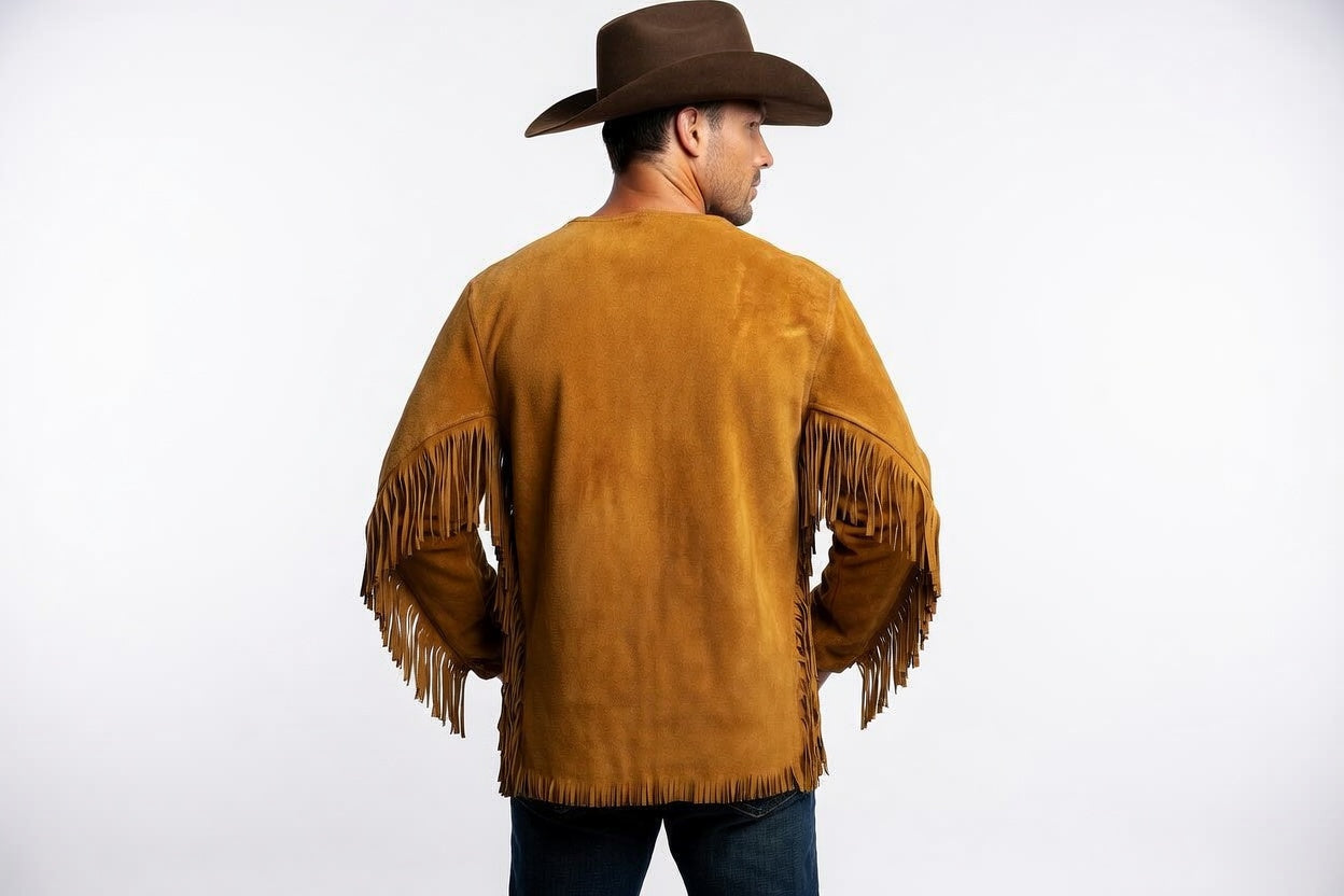 Men's Golden Tan Suede Fringe Pullover Shirt Western Lace-Up Leather Top