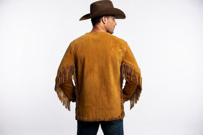 Men's Golden Tan Suede Fringe Pullover Shirt Western Lace-Up Leather Top