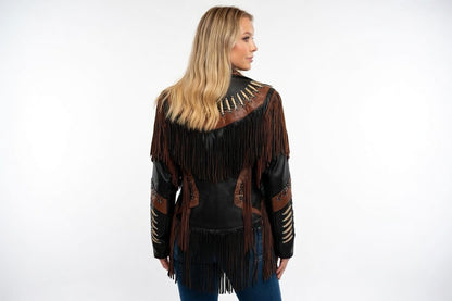 Women's Black & Brown Two-Tone Leather Bone Fringe Western Jacket