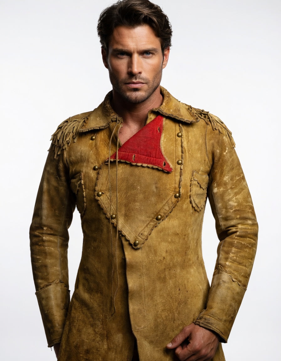 Men's Distressed Mustard Suede Military Fringe Coat Vintage Western Leather Jacket with Red Lining