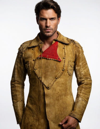 Men's Distressed Mustard Suede Military Fringe Coat Vintage Western Leather Jacket with Red Lining