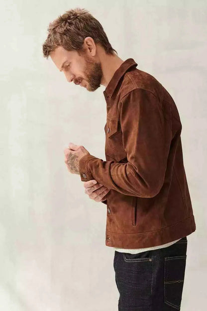 Men's Brown Suede Leather Trucker Jacket Classic Western Style
