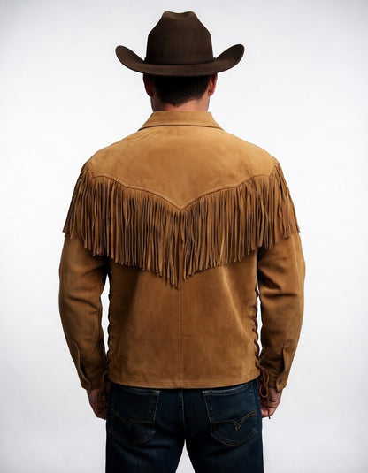 Men's Tan Suede Chest Fringe Western Shirt Lace-Up Cowboy Leather Pullover