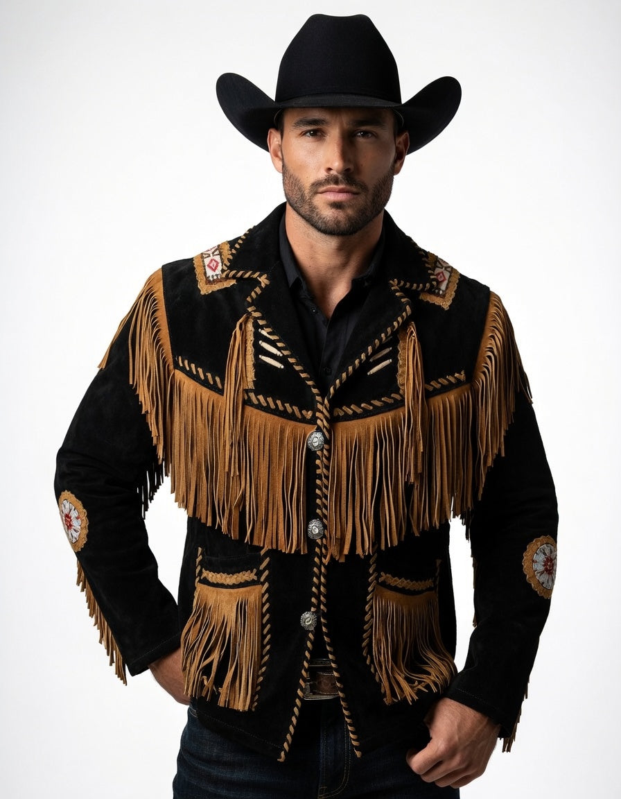 Men's Fringe Suede Leather Cowboy Jacket- ZLC-WJM-1043