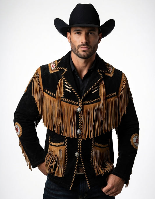 Men's Fringe Suede Leather Cowboy Jacket- ZLC-WJM-1043