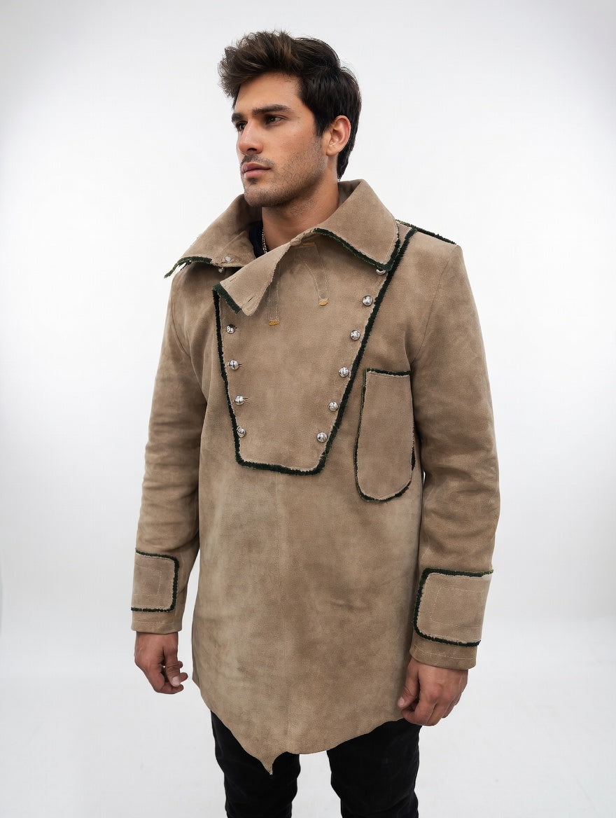 Men's Beige Suede Longline Fringe Western Coat Military Silver Button Leather Jacket