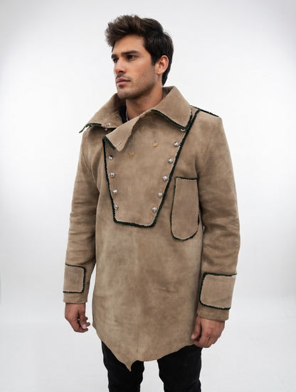 Men's Beige Suede Longline Fringe Western Coat Military Silver Button Leather Jacket