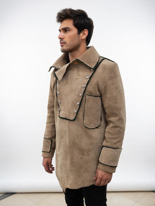 Men's Beige Suede Longline Fringe Western Coat Military Silver Button Leather Jacket