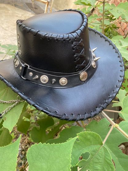 Men’s Punk Rock Leather Outback Hat with Spikes & Bull Skull