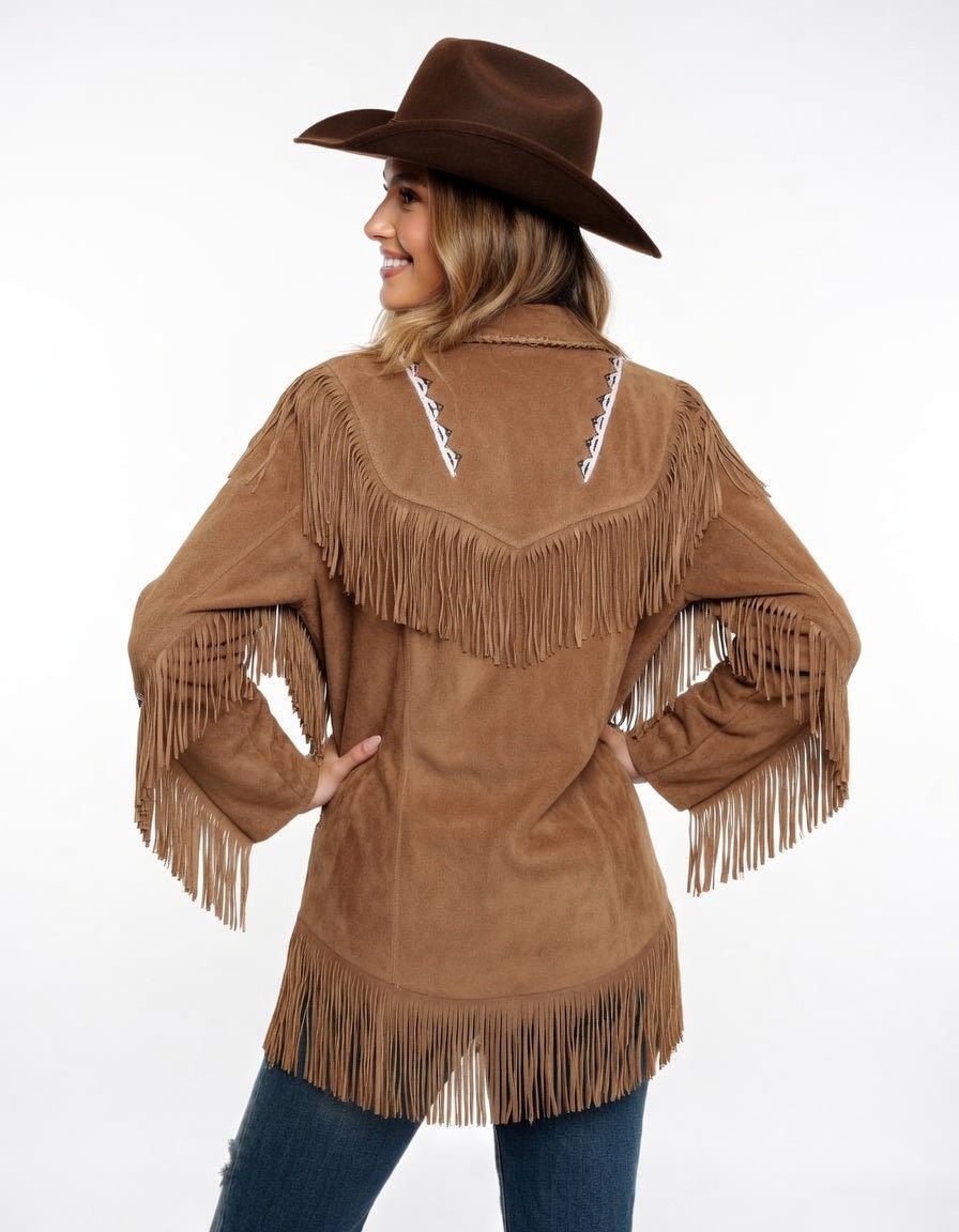 Women's Tan Suede Fringe Western Jacket Pink Beaded Diamond Cowgirl Leather Coat