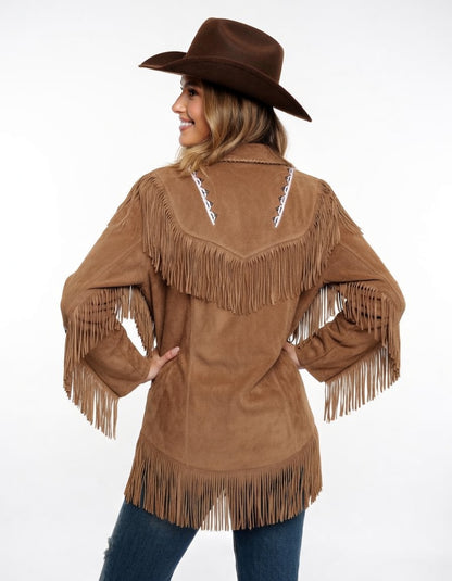 Women's Tan Suede Fringe Western Jacket Pink Beaded Diamond Cowgirl Leather Coat