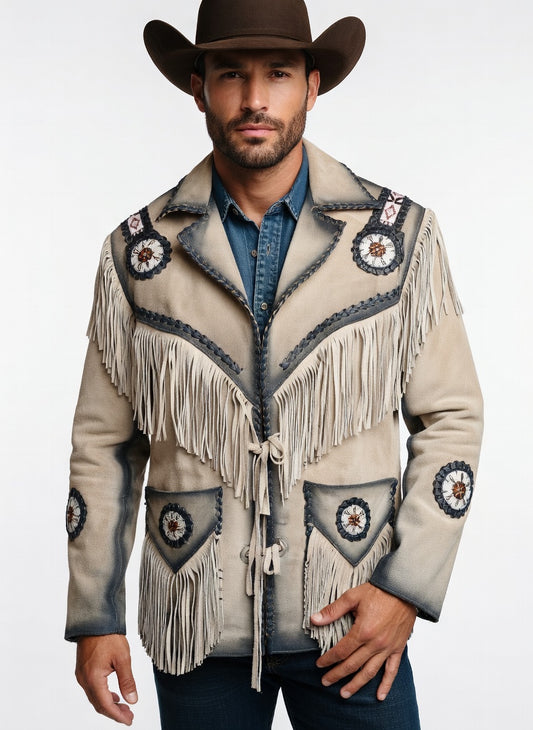 Men's Fringe Suede Leather Cowboy Jacket- ZLC-WJM-1050