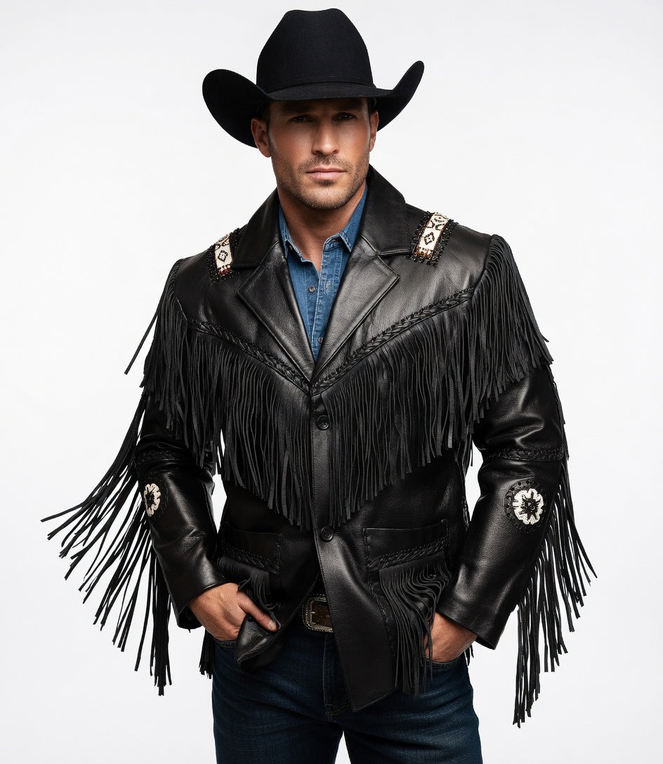 Men's Fringe Suede Leather Cowboy Jacket- ZLC-WJM-1051