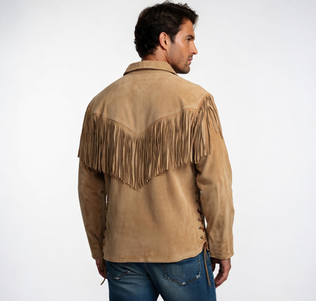 Men’s Camel Suede Fringe Western Shirt – Lace-Up Leather Pullover