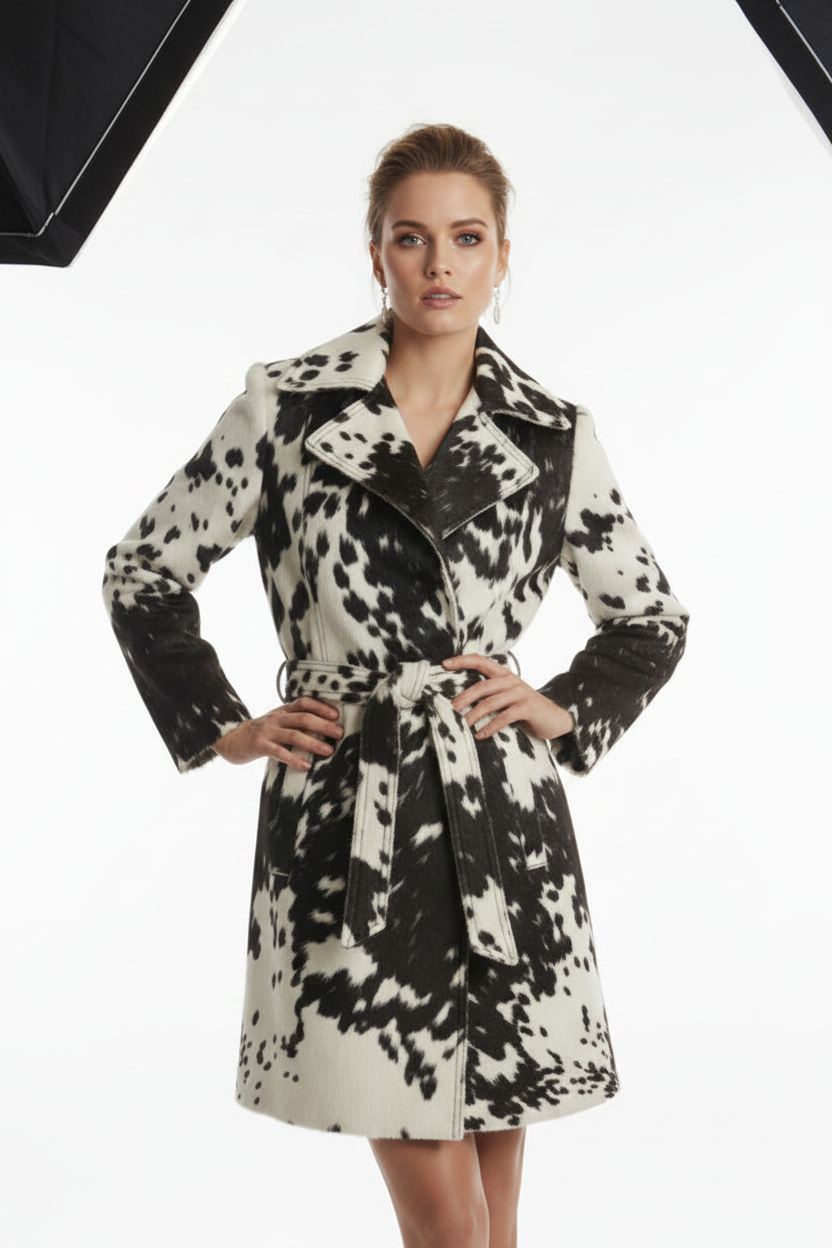 womens-cow-print-belted-trench-coat-faux-fur-winter-jacket.jpg  
Alt text: Woman wearing black and white cow print belted trench coat with tie waist in studio