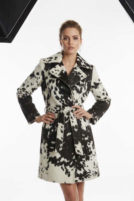womens-cow-print-belted-trench-coat-faux-fur-winter-jacket.jpg  
Alt text: Woman wearing black and white cow print belted trench coat with tie waist in studio