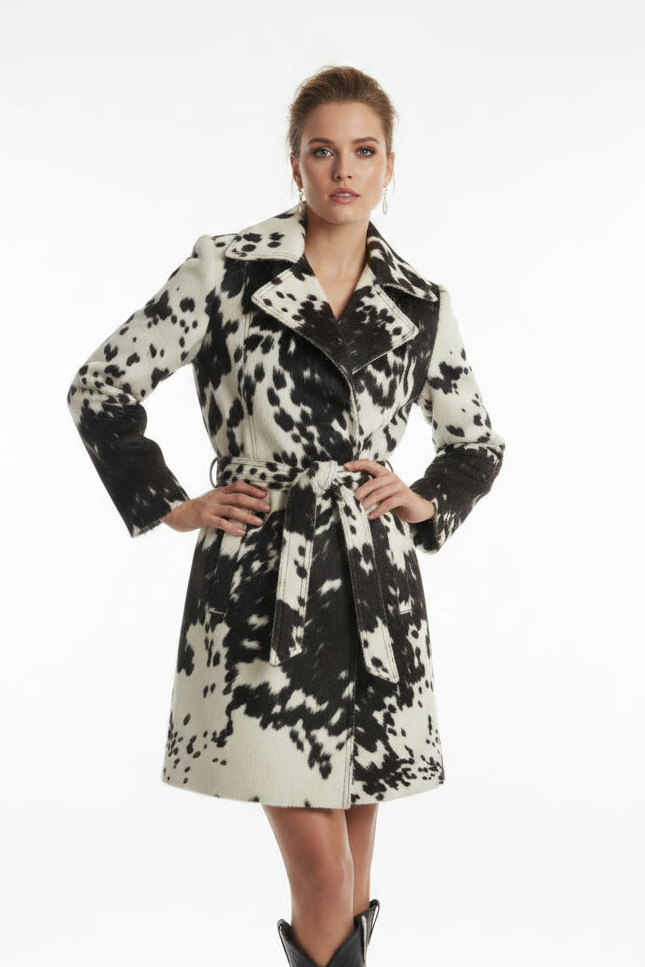 A woman's cowhide print jacket displayed on a mannequin, featuring a striking black and white cow pattern with leather elements.