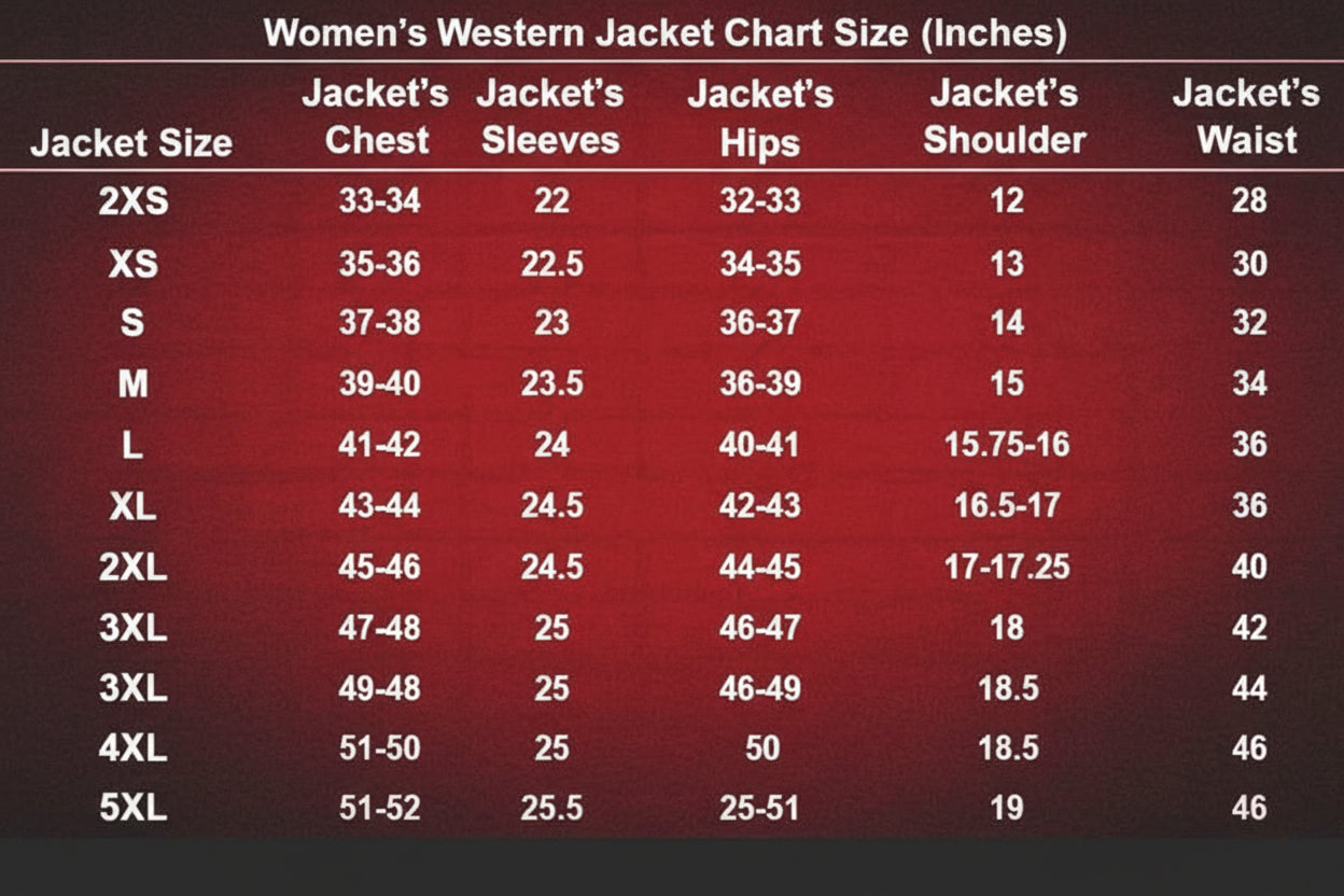 Women's Western Jacket Size Chart with measurements in inches on a red background