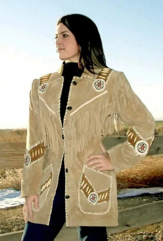 Women Native American Western Cowboy Leather Jacket Suede Fringe & Beaded -ZLC-WWJ-2043