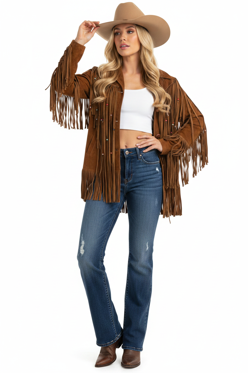 Brown suede fringe jacket on a mannequin against a white background