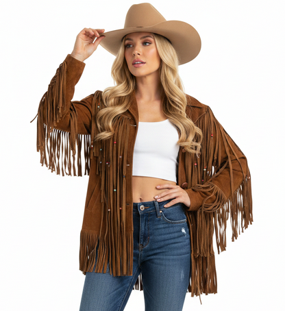 Women Fringe Suede Leather Beaded Jacket- ZLC-WWJ-2044